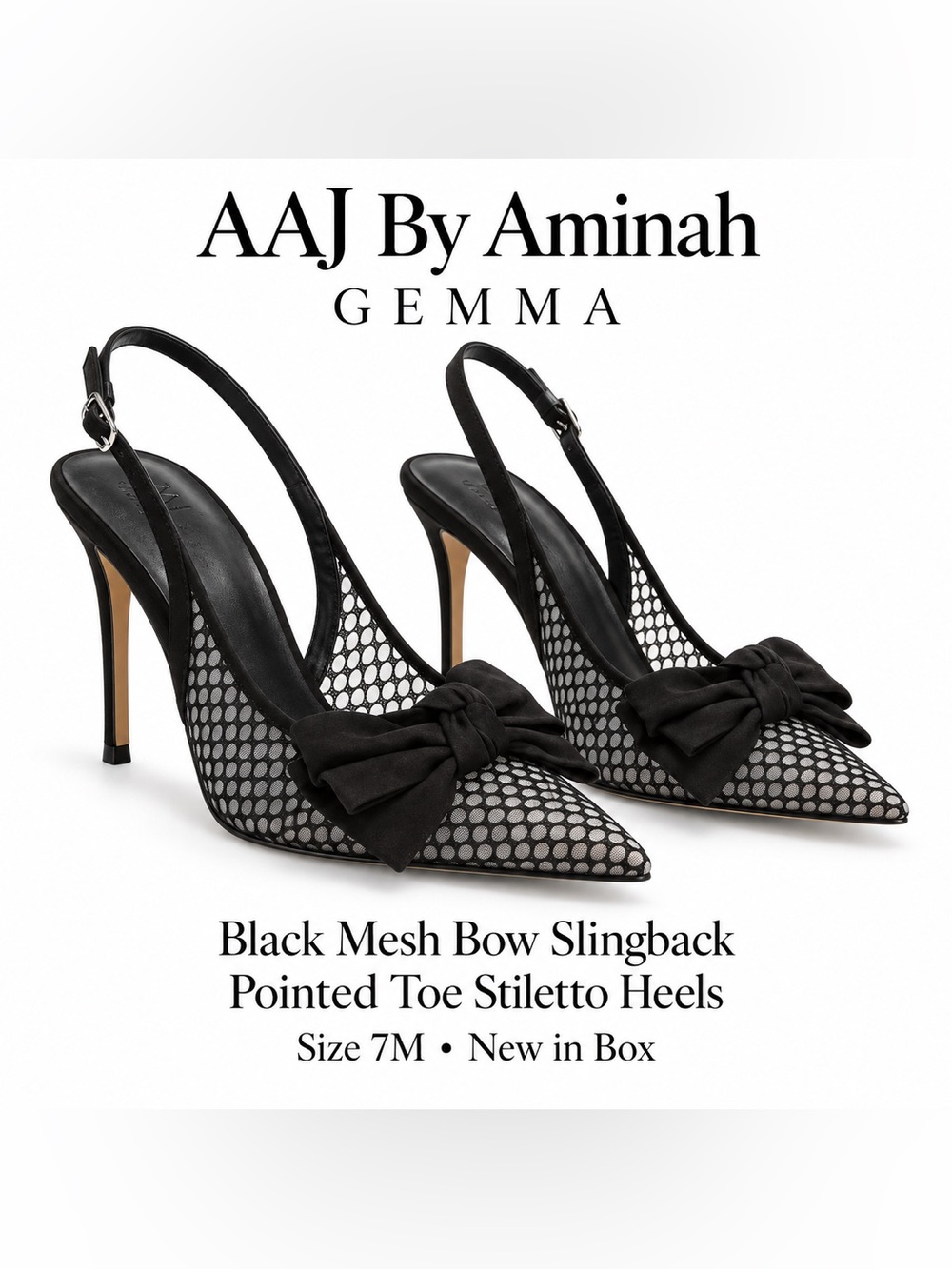 AAJ By Aminah Gemma Black Mesh Bow
Slingback Pointed Toe Stiletto Heels 7M NIB